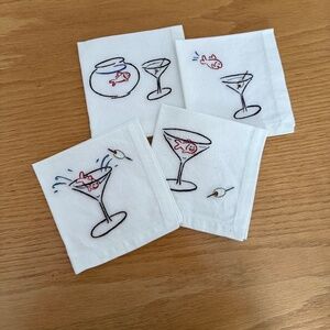 EMBROIDERED COCKTAIL NAPKINS AND OLIVE DISH TOWEL